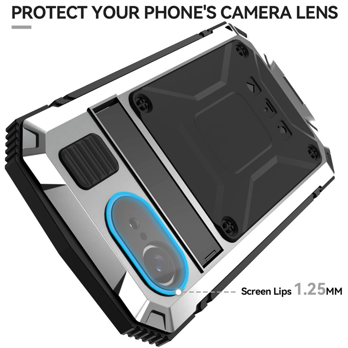 iPhone 17e / 16e R-JUST Hybrid Rugged Case with Built-In Screen Protector & Kickstand - Silver