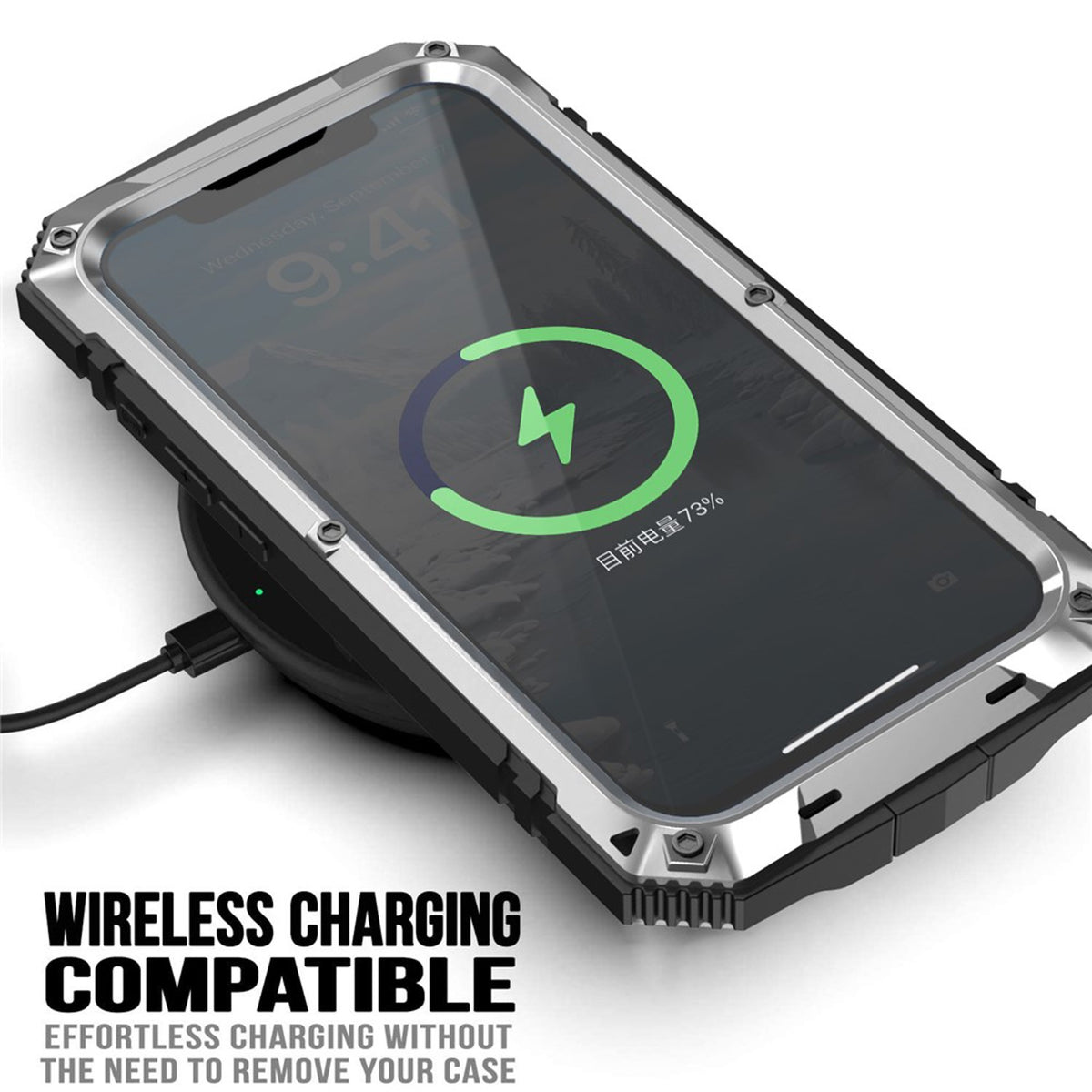 iPhone 17e / 16e R-JUST Hybrid Rugged Case with Built-In Screen Protector & Kickstand - Silver