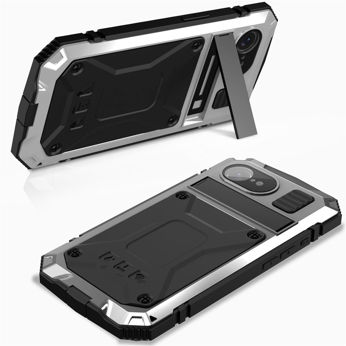 iPhone 17e / 16e R-JUST Hybrid Rugged Case with Built-In Screen Protector & Kickstand - Silver