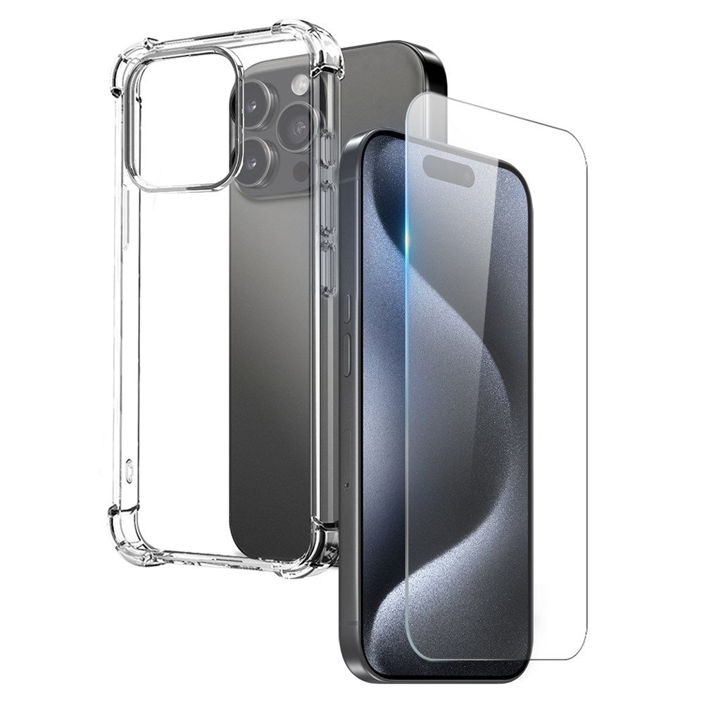 NORTHJO iPhone 15 Pro 2-in-1 Protection Set with Shock-Absorbing Flexible Plastic Case & Tempered Screen Protector Glass - Transparent