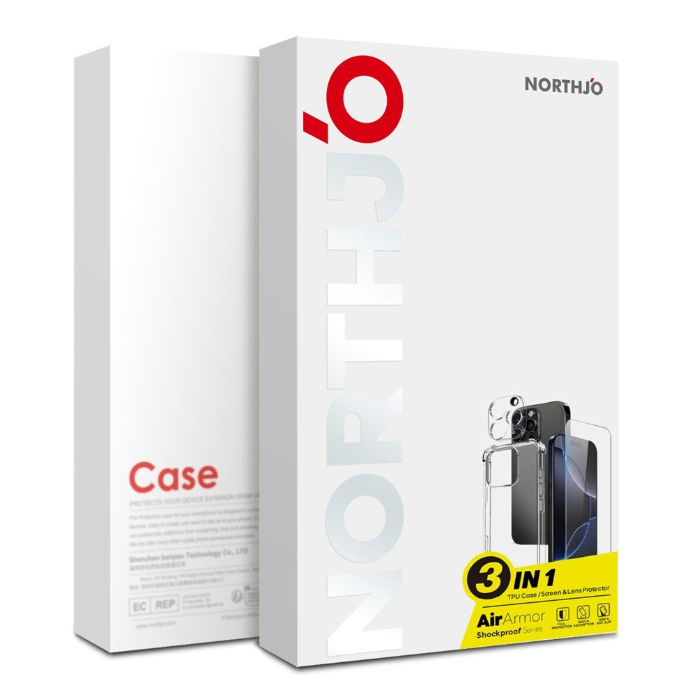 NORTHJO iPhone 15 Pro 3-in-1 Protection Set with Shock-Absorbing Flexible Plastic Case & Tempered Glass Screen Protector & Camera Lens Glass - Transparent