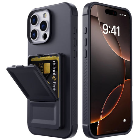 EIDERWOOD iPhone 16 Pro Flexible Plastic Case with Card Holder & Built-in Mirror - Black