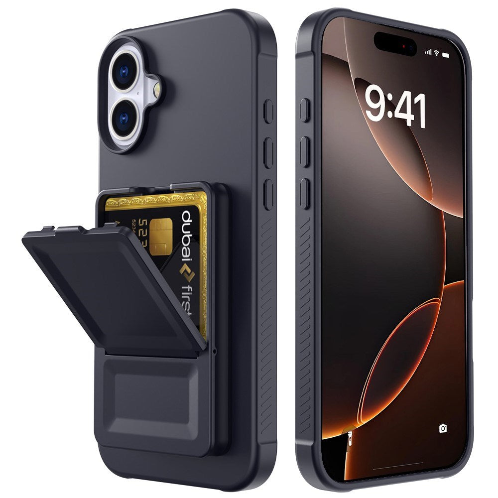 EIDERWOOD iPhone 16 Plus Flexible Plastic Case with Card Holder & Built-in Mirror - Black