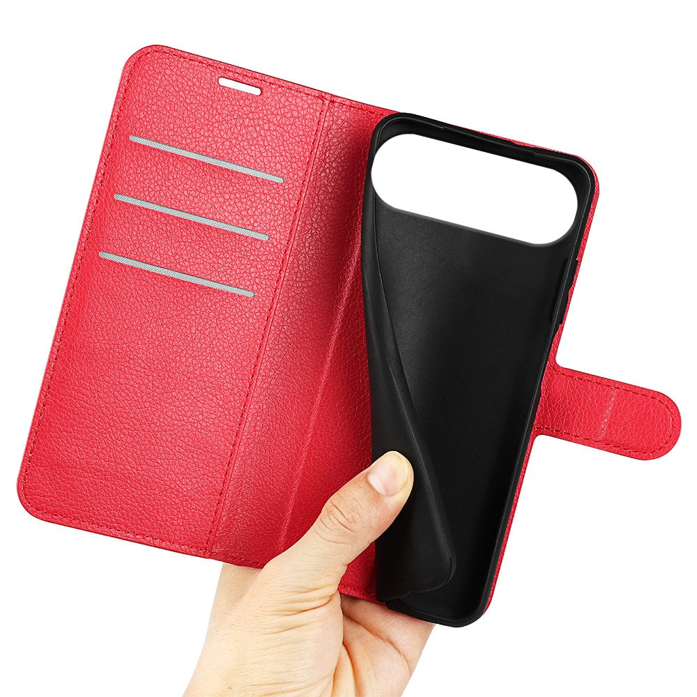 EIDERWOOD iPhone Air Litchi Flip Case with Built-in Card Holder & Stand Function - Red