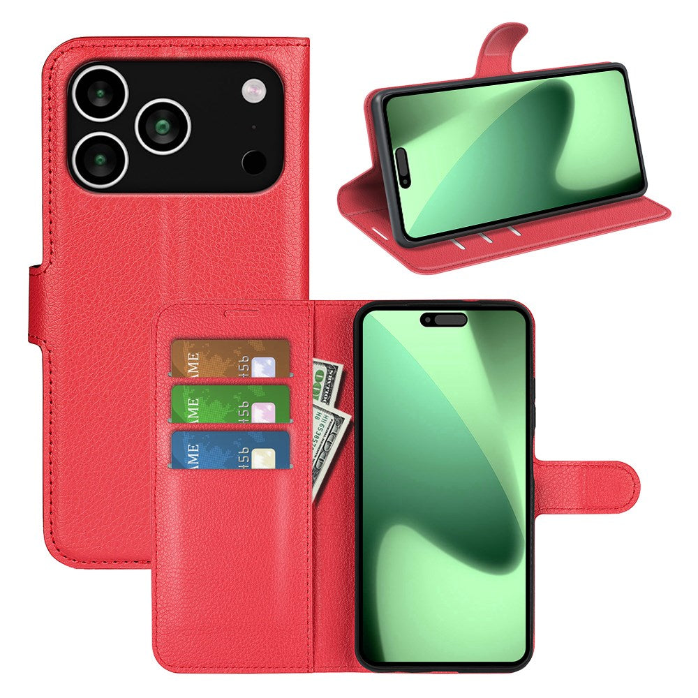 EIDERWOOD iPhone 17 Pro Litchi Flip Case with Built-in Card Holder & Stand Function - Red