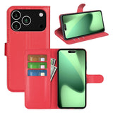 EIDERWOOD iPhone 17 Pro Litchi Flip Case with Built-in Card Holder & Stand Function - Red