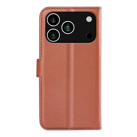 EIDERWOOD iPhone 17 Pro Litchi Flip Case with Built-in Card Holder & Stand Function - Brown