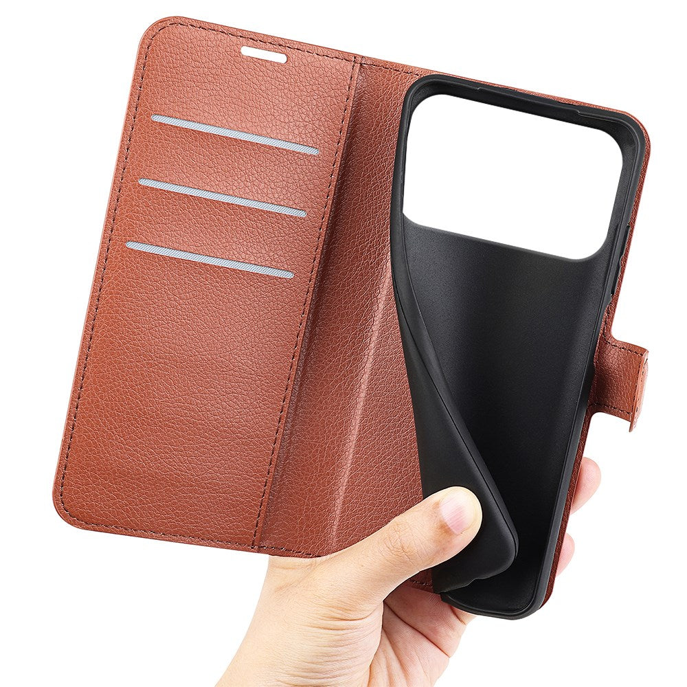 EIDERWOOD iPhone 17 Pro Litchi Flip Case with Built-in Card Holder & Stand Function - Brown