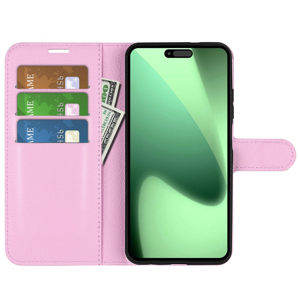 EIDERWOOD iPhone 17 Pro Litchi Flip Case with Built-in Card Holder & Stand Function - Pink