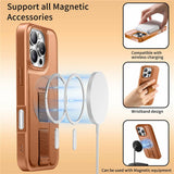 iPhone 16 Pro Hard Plastic Case with Faux Leather Back & Finger Strap - MagSafe Compatible - Brown