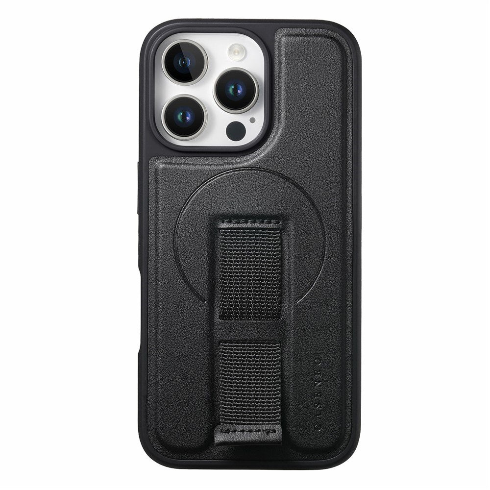 iPhone 16 Pro Hard Plastic Case with Faux Leather Back & Finger Strap - MagSafe Compatible - Black