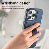 iPhone 16 Pro Hard Plastic Case with Faux Leather Back & Finger Strap - MagSafe Compatible - Blue