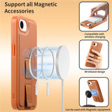 iPhone 16e Hard Plastic Case with Faux Leather Back & Finger Strap - MagSafe Compatible - Brown