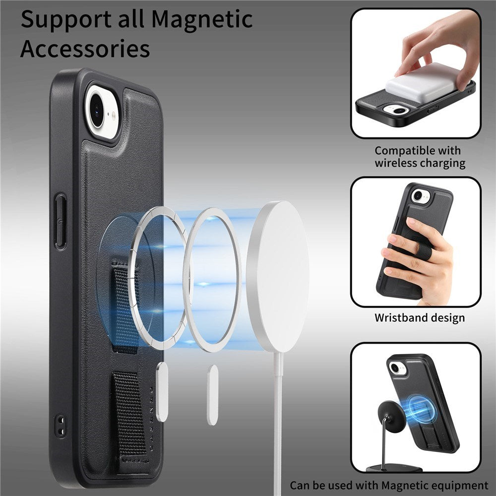 iPhone 16e Hard Plastic Case with Faux Leather Back & Finger Strap - MagSafe Compatible - Black