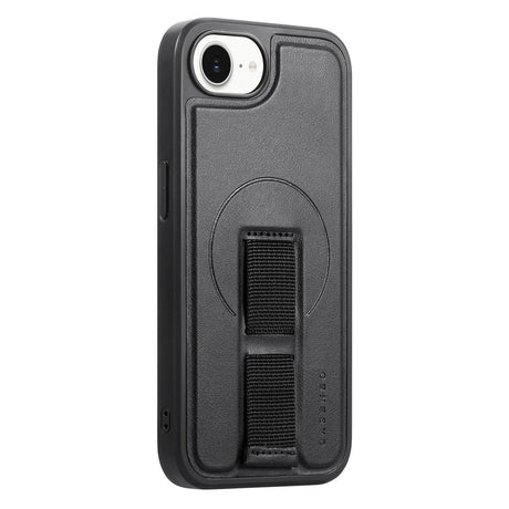 iPhone 16e Hard Plastic Case with Faux Leather Back & Finger Strap - MagSafe Compatible - Black