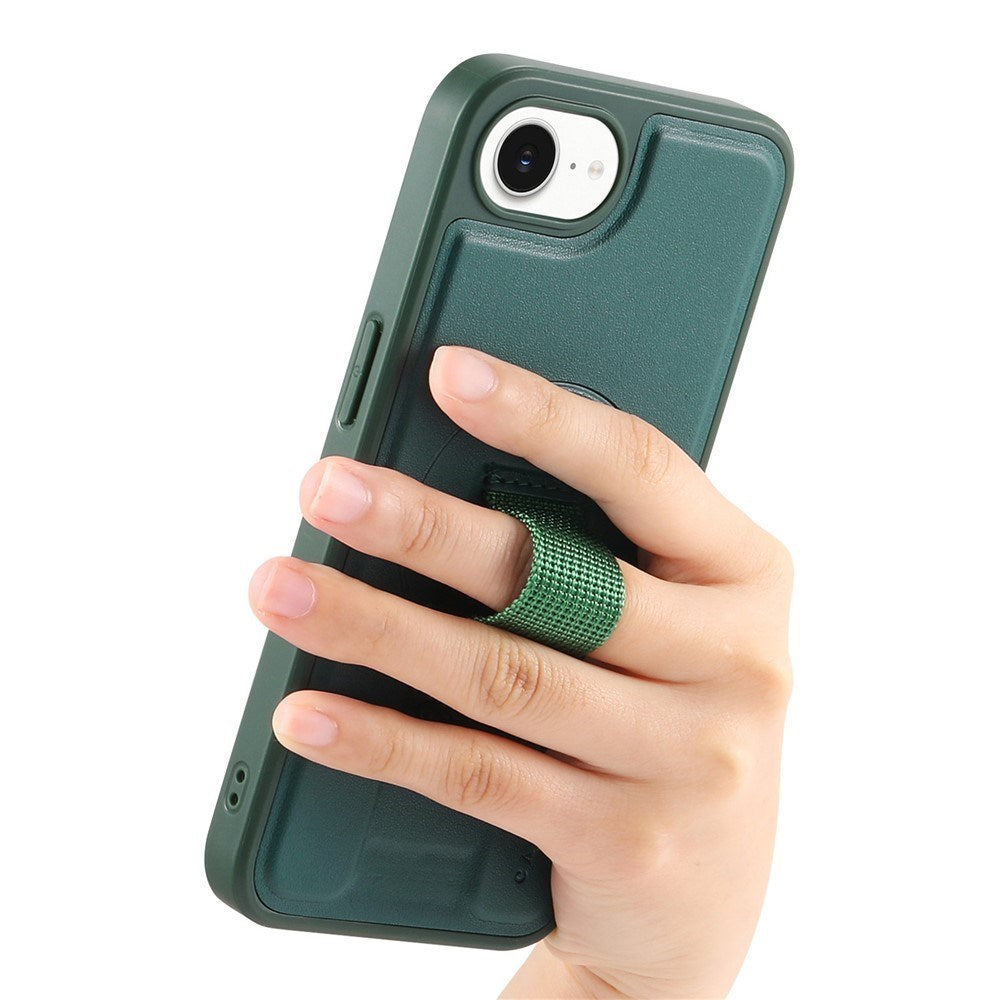 iPhone 16e Hard Plastic Case with Faux Leather Back & Finger Strap - MagSafe Compatible - Green