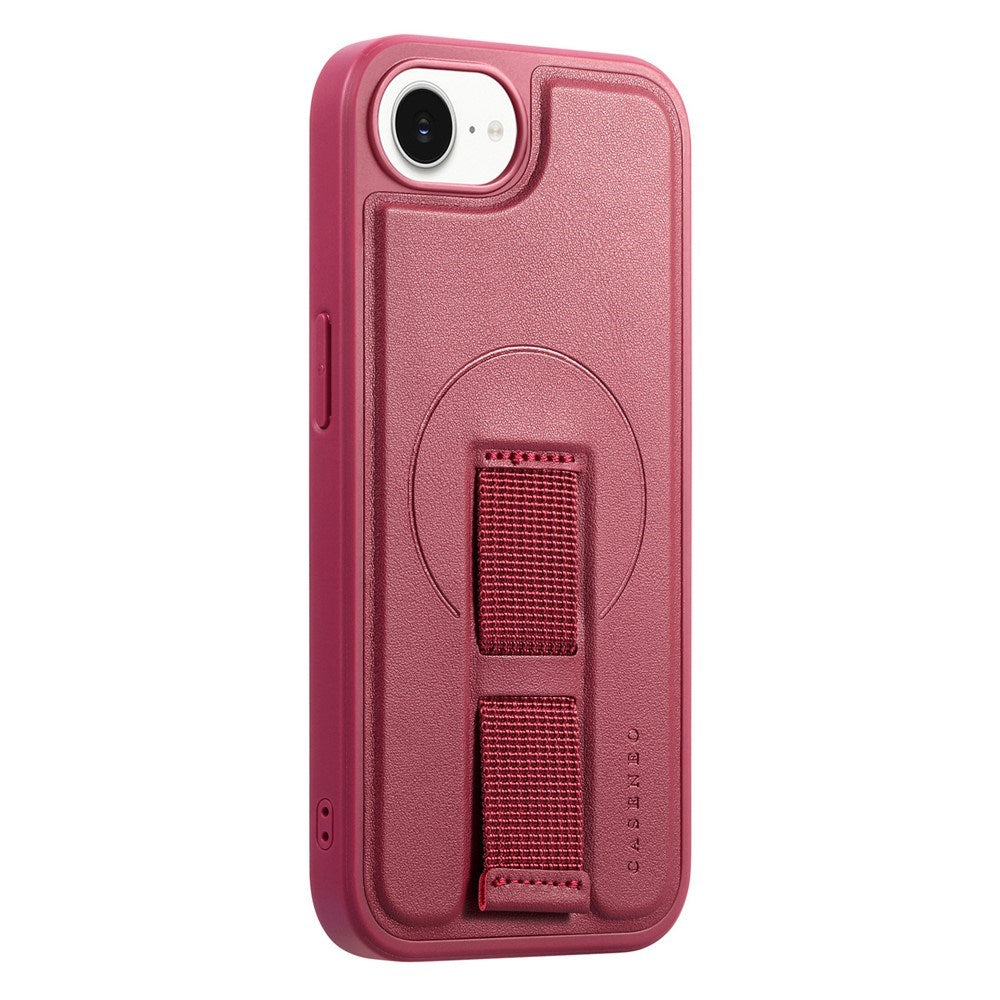 iPhone 16e Hard Plastic Case with Faux Leather Back & Finger Strap - MagSafe Compatible - Red