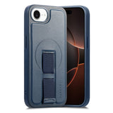 iPhone 16e Hard Plastic Case with Faux Leather Back & Finger Strap - MagSafe Compatible - Blue