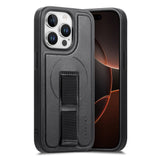 iPhone 13 Pro Hard Plastic Case with Faux Leather Back & Finger Strap - MagSafe Compatible - Black