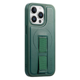 iPhone 13 Pro Hard Plastic Case with Faux Leather Back & Finger Strap - MagSafe Compatible - Green