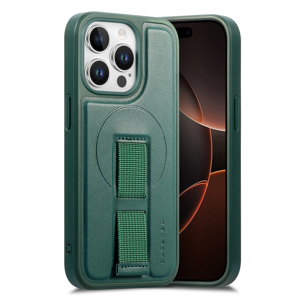 iPhone 13 Pro Hard Plastic Case with Faux Leather Back & Finger Strap - MagSafe Compatible - Green