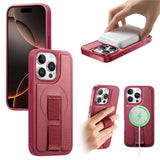 iPhone 13 Pro Hard Plastic Case with Faux Leather Back & Finger Strap - MagSafe Compatible - Red