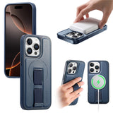 iPhone 13 Pro Hard Plastic Case with Faux Leather Back & Finger Strap - MagSafe Compatible - Blue