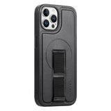 iPhone 12 / 12 Pro Hard Plastic Case with Faux Leather Back & Finger Strap - MagSafe Compatible - Black