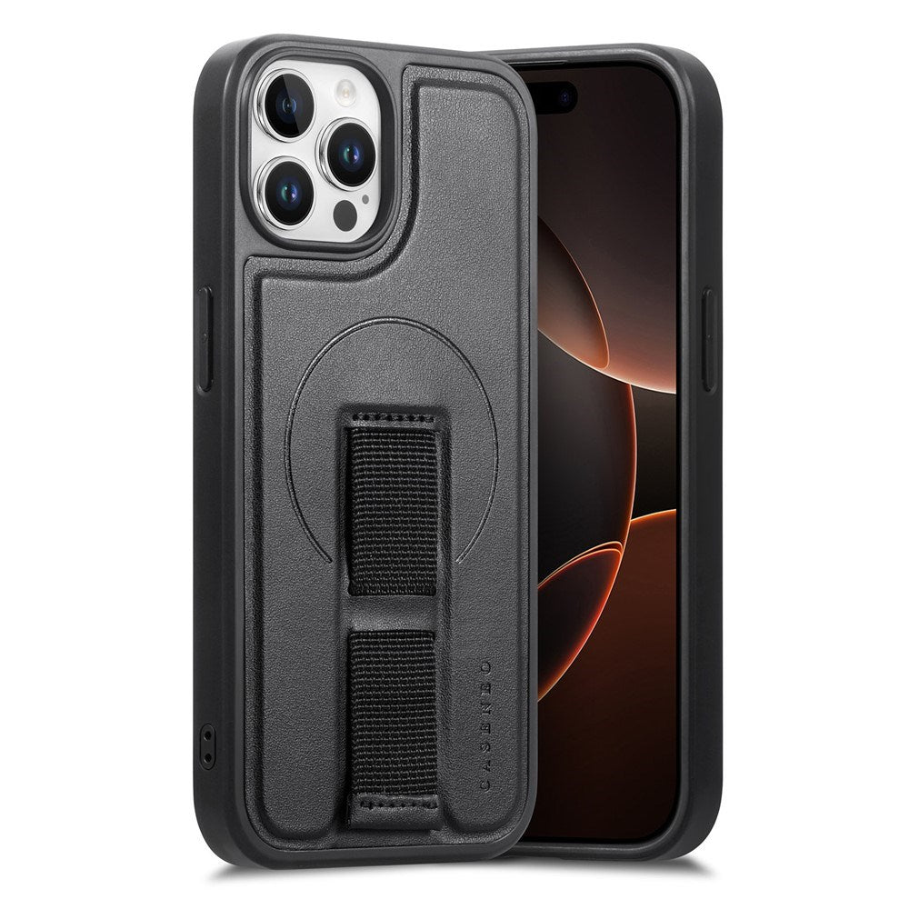 iPhone 12 / 12 Pro Hard Plastic Case with Faux Leather Back & Finger Strap - MagSafe Compatible - Black