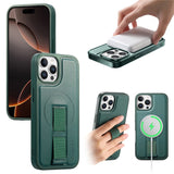 iPhone 12 / 12 Pro Hard Plastic Case with Faux Leather Back & Finger Strap - MagSafe Compatible - Green