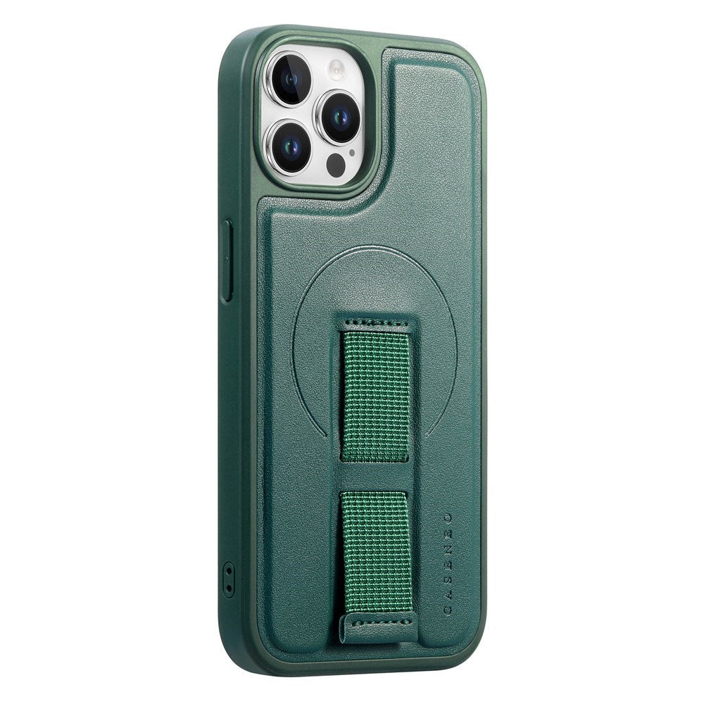 iPhone 12 / 12 Pro Hard Plastic Case with Faux Leather Back & Finger Strap - MagSafe Compatible - Green