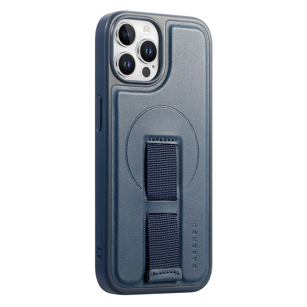 iPhone 12 / 12 Pro Hard Plastic Case with Faux Leather Back & Finger Strap - MagSafe Compatible - Blue