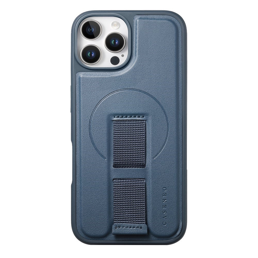 iPhone 12 / 12 Pro Hard Plastic Case with Faux Leather Back & Finger Strap - MagSafe Compatible - Blue