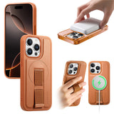 iPhone 14 Pro Hard Plastic Case with Faux Leather Back & Finger Strap - MagSafe Compatible - Brown