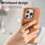 iPhone 14 Pro Hard Plastic Case with Faux Leather Back & Finger Strap - MagSafe Compatible - Brown