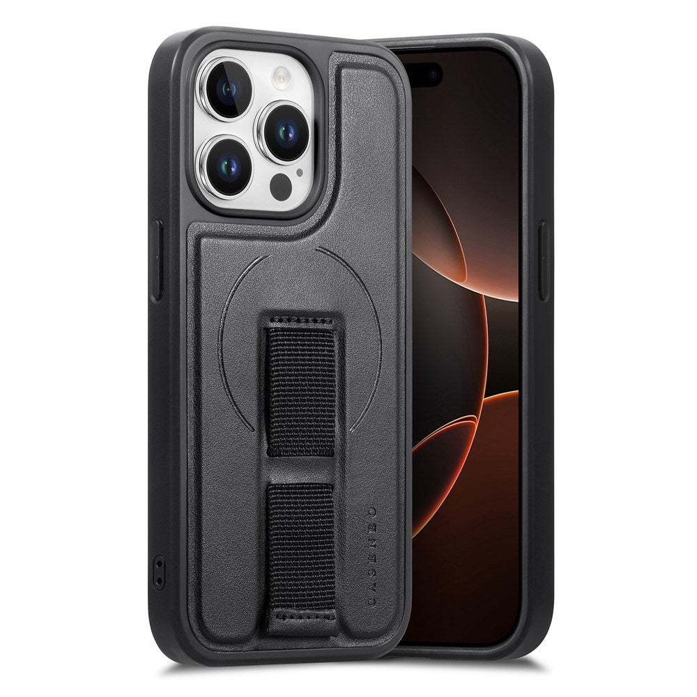 iPhone 14 Pro Hard Plastic Case with Faux Leather Back & Finger Strap - MagSafe Compatible - Black