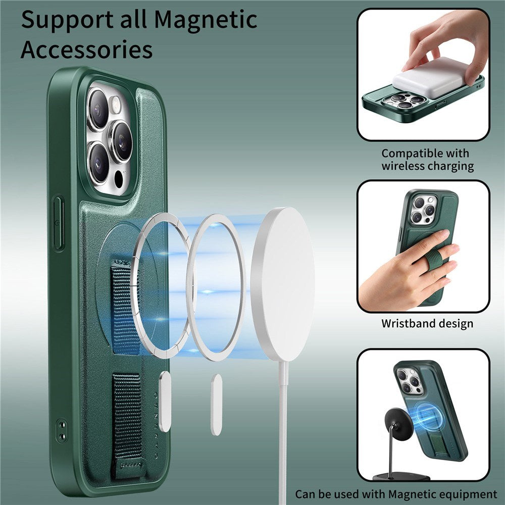 iPhone 14 Pro Hard Plastic Case with Faux Leather Back & Finger Strap - MagSafe Compatible - Green