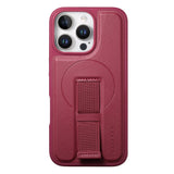 iPhone 14 Pro Hard Plastic Case with Faux Leather Back & Finger Strap - MagSafe Compatible - Red