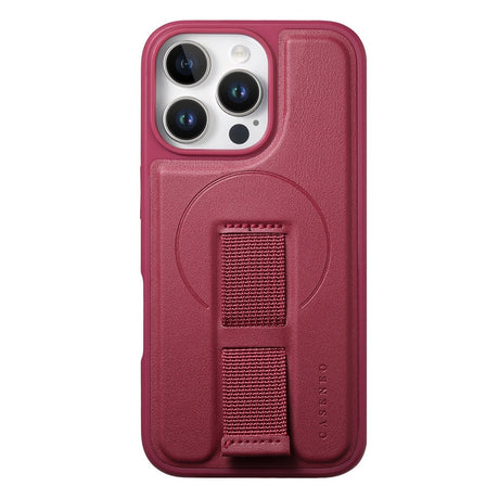 iPhone 14 Pro Hard Plastic Case with Faux Leather Back & Finger Strap - MagSafe Compatible - Red