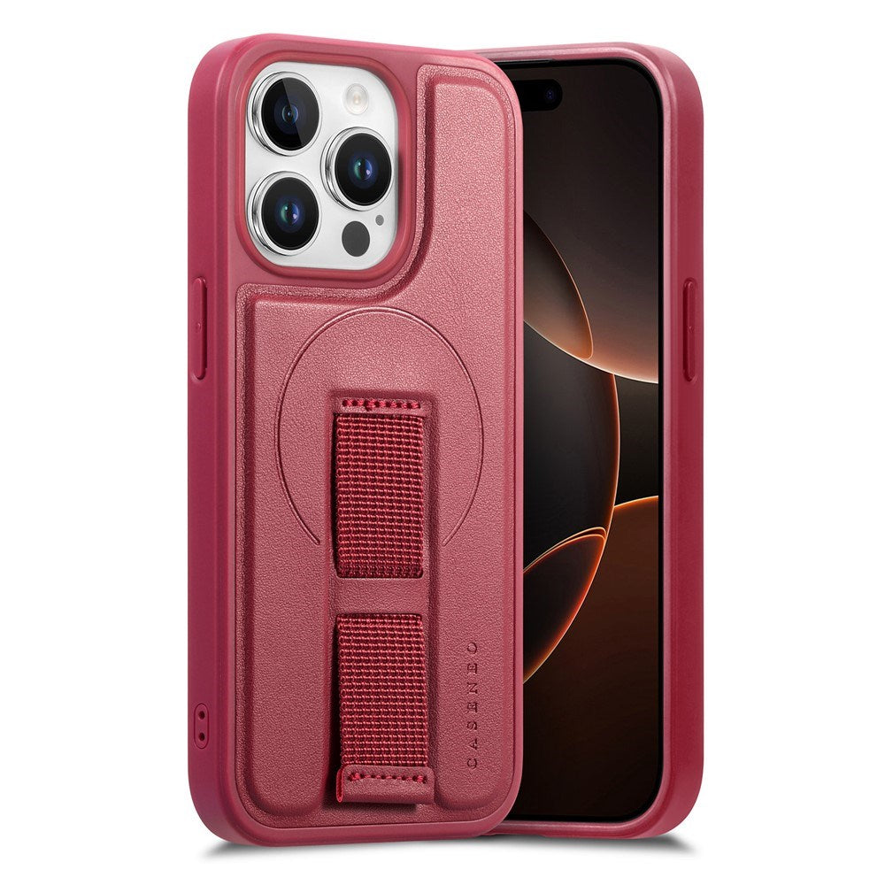 iPhone 14 Pro Hard Plastic Case with Faux Leather Back & Finger Strap - MagSafe Compatible - Red