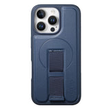 iPhone 14 Pro Hard Plastic Case with Faux Leather Back & Finger Strap - MagSafe Compatible - Blue