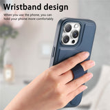 iPhone 14 Pro Hard Plastic Case with Faux Leather Back & Finger Strap - MagSafe Compatible - Blue