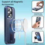 iPhone 14 Pro Hard Plastic Case with Faux Leather Back & Finger Strap - MagSafe Compatible - Blue