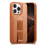 iPhone 15 Pro Hard Plastic Case with Faux Leather Back & Finger Strap - MagSafe Compatible - Brown