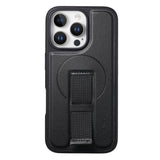 iPhone 15 Pro Hard Plastic Case with Faux Leather Back & Finger Strap - MagSafe Compatible - Black