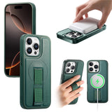 iPhone 15 Pro Hard Plastic Case with Faux Leather Back & Finger Strap - MagSafe Compatible - Green