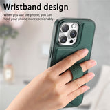 iPhone 15 Pro Hard Plastic Case with Faux Leather Back & Finger Strap - MagSafe Compatible - Green
