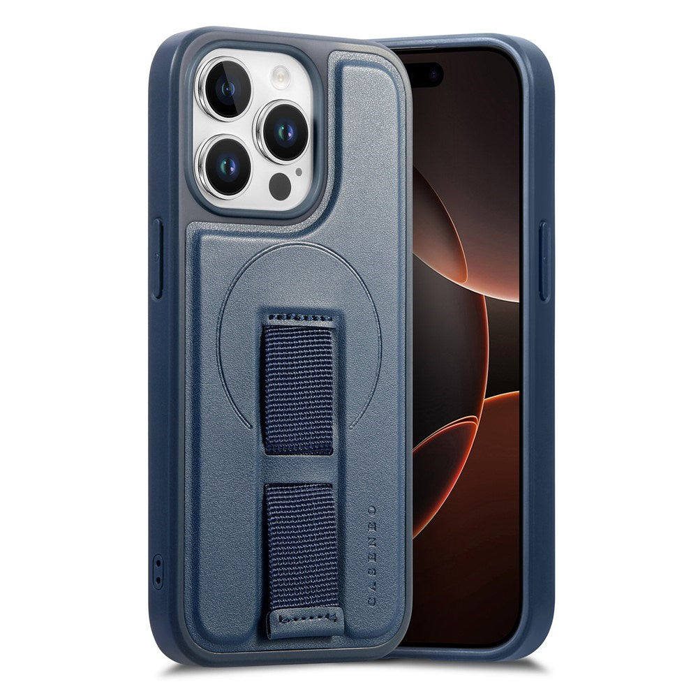 iPhone 15 Pro Hard Plastic Case with Faux Leather Back & Finger Strap - MagSafe Compatible - Blue