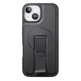 iPhone 15 Hard Plastic Case with Faux Leather Back & Finger Strap - MagSafe Compatible - Black