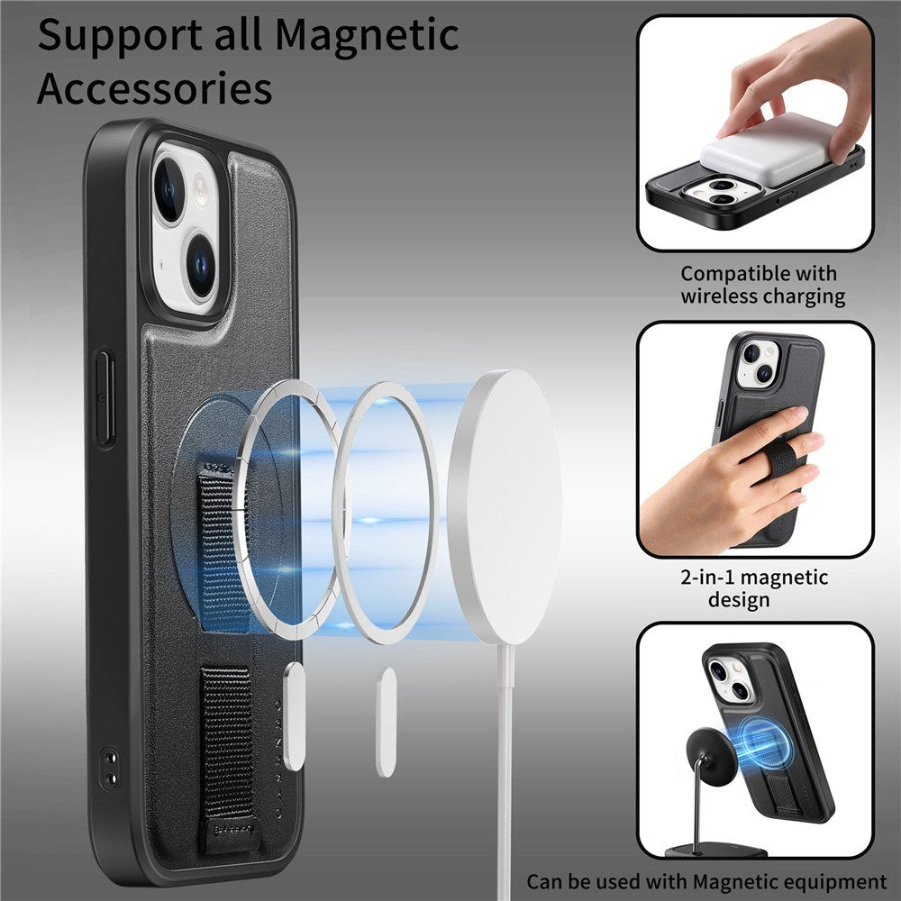 iPhone 15 Hard Plastic Case with Faux Leather Back & Finger Strap - MagSafe Compatible - Black
